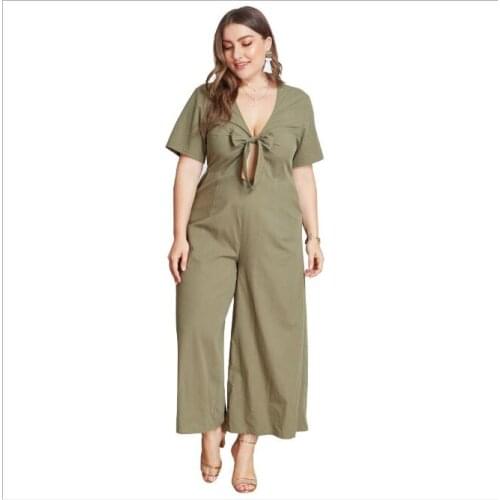 Vintage Pink Plus Size 3XL 4XL Playsuits Sexy Jumpsuits Rompers Bow Green Loose Trousers Pockets Wide Leg Pant Women CL240