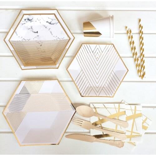 Golden Paper Plate Cup napkin straw Happy Birthday Wedding Party decor baby shower party Supplies Disposable tableware Christmas