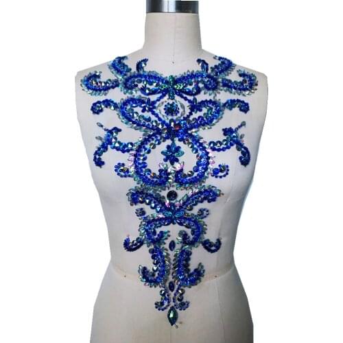 A301 hand made crystals trim patches dark blue/clear AB colour sew on Rhinestones applique 46*30cm for dress accessory