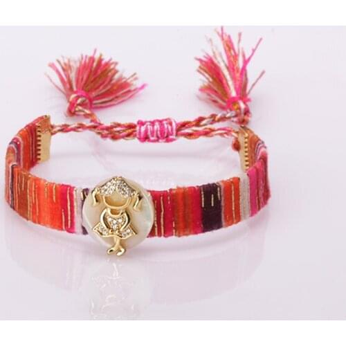 White CZ Shell little girl sign ethnic boho soft cotton silk tassel wristband adjustable bracelet for woman gift