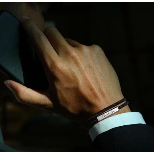 Bracelet Gents Jewelry, braided Leather Men Bracelets, Stainless Steel Bar Bracelet,Double Wrap Wristband Braslet Gift for Him