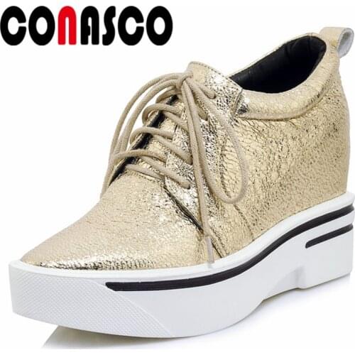CONASCO Fashion Brand Basic Pumps Wedges High Heeled Platforms Gold Silver Wedding Party Shoes Woman Female Corss-tied Shoes