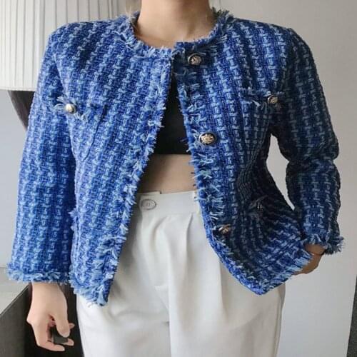 French style vintage small fragrance tweed jacket women o-neck tassel blue top jacket
