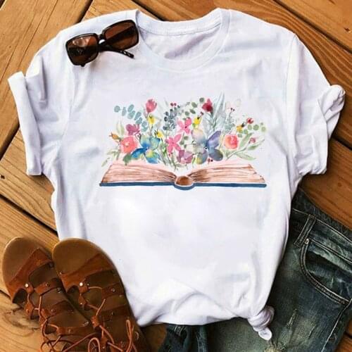 New Women Tshirt Watercolor Flowers with Book Print Tops Female Casual Short Sleeve Tee Woman Summer T-shirt Cute Tee Shirts
