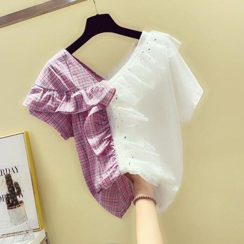 Lattice mesh ruffled irregular stitching sequined V-neck short-sleeved t-shirt women 2021 summer Korean loose T-shirt