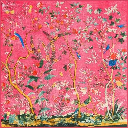 KOI LEAPING New Womens 100% Silk Silk Scarf Flower Bird Jungle Shawl Digital Print 130 * 130 Square Womens Silk Scarf