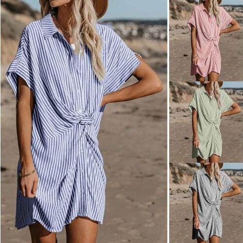 Summer Sundress Button Printed Women Casual Loose Striped Vestidos Polo Short Sleeve Button Shirt Boho Dress Clothing Plus Size