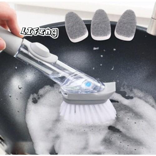 Multi-functional Kitchen Wash Dishes Brush Pot Does Not Damage Pot Long Handle Sponge Automatic Liquid Filling small brush