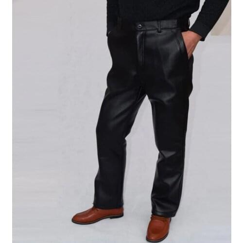 Mens leather pants plus velvet thickening thermal motorcycle quinquagenarian teenage winter windproof leather trousers mens