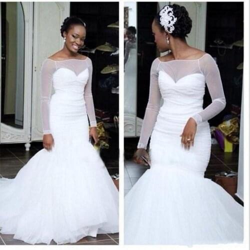 2021 Charming Tulle White Mermaid Wedding Dresses Scoop Long Sleeve Plus Size Country Africa Bridal Gown Sweep Train Bride Dress