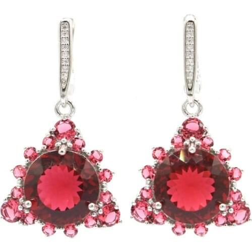 38x21mm Highly Recommend Created Pink Tourmaline White Sapphire White Cubic Zircon Silver Earrings For Women Wholesale