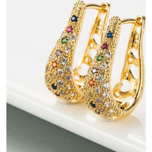 Luxury U-Shape Hoop Earring Dazzling Multicolor Zirconia Full Paved Shiny Charming Piercing Earring Jewelry Accessory For Women
