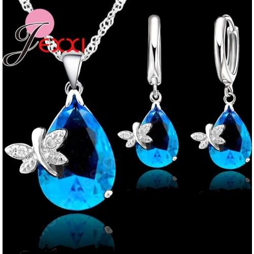 Bridal Jewelry Sets 925 Sterling Silver Austrian Crystal Butterfly Drop CZ Pendant Necklace LeverBack Hoop Earrings Set