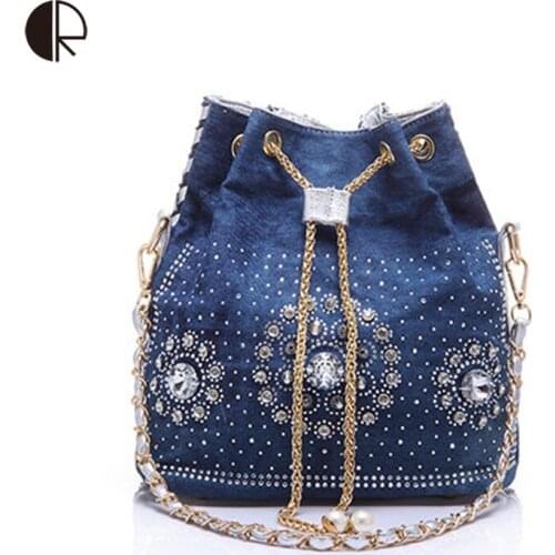 Women Denim Purse Rhinestone Bag With Chain Handle Shoulder Bag Womens Summer Beach Little Cluthes Handmade PU Bucket Bag