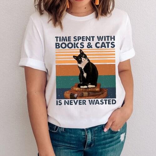 Women Graphic Striped Cat Animal Casual Style Short Sleeve Cartoon Lady Clothes Tops Clothing Tees Print Female Tshirt T-Shirt