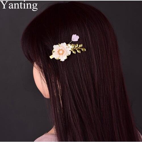 Yanting Sweet Pink Hair Clips Glass Glazed Flower Barrettes Romantic Gift For Girls Women Hair Jewelry For Women Ethnic Clip pin
