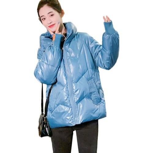 New Women Glossy Down Cotton Jacket Loose Thick Short Padded Jackets Winter Casual Cold Warm Parka Overcoat Abrigo Mujer Black