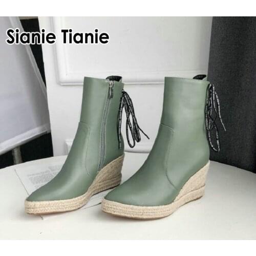 Sianie Tianie 2020 winter green ivory back zipper platform espadrilles wedges high heels woman shoes pointed toe ankle boots