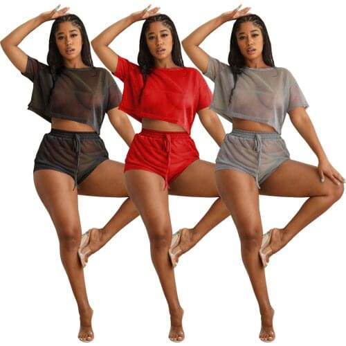 Casual O Neck Lace Up Sheer Mesh Short Tracksuit Women Sexy See Through Slit T Shirt Top Biker Shorts Slim Two Piece Set Outfit