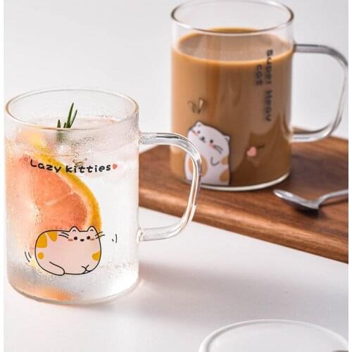 450ml cute cat heat-proof glass with spoon and lid for coffee tea milk breakfast cup beautiful gift glass cup kawaii mug