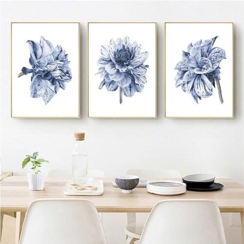 Watercolor Painting Farmhouse Bedroom Wall Decor Boho Dahlia Flower Canvas Art Posters and Prints Navy Blue Wall Art Pictures