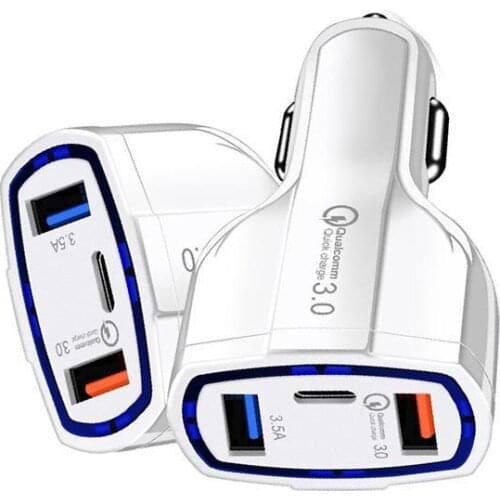 Car Charger 3 Usb Ports Type C Phone Charger 5V 7A Quick Charge QC 3.0 With LED Light Mobile Phone Adapter Black/White