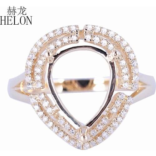 HELON Pear Cut 11x10mm Solid 14K Yellow Gold Natural Diamonds Halo Semi Mount Wedding Engagement Ring Setting Fine Jewelry