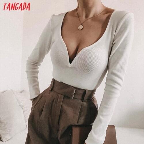 Tangada 2021 New White Deep V Neck Body Suit Women Casual Sexy Slim Jumpsuit Romper Girl Bodysuit QJ156