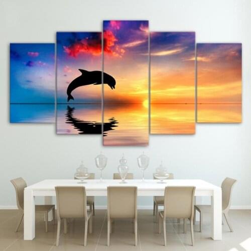 Beautiful Colorful Sunset Seascape Jumping Dolphin Photography Wall Painting Frameless Home Canvas Printing Decoration Poster