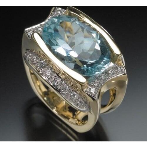 Milangirl Luxury Trendy Jewelry Gold Color Light Blue Oval Crystal Zirconium Ring for Women Party Jewelry Female Accessories