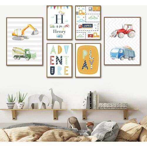 Cartoon Excavator Truck Tractor Concrete Mixer Wall Art Canvas Painting Nordic Posters And Prints Wall Pictures Kids Room Decor