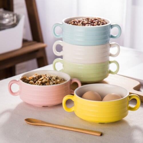 MUZITY Ceramic Soup Bowls Glazed Round Shape Porcelain Breadfast Shallow Bowl With Two Ears