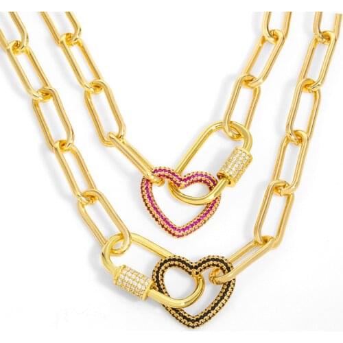FLOLA Gold Curb Link Chain Heart Carabiner Pendant Necklace For Women Chunky Thick Chain Necklace CZ Punk Jewelry Gifts nkeu54