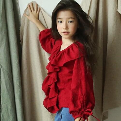 Girls Shirts Kids Winter Clothes 2019 Autumn Long-sleeve Red Blouses Cotton Shirts Girls V-neck Tees Children Clothing Tops