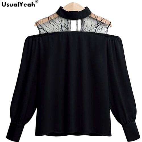 UsualYeah Embellished Mesh Cut Out Lantern Sleeve Top Spring Autumn Cold Shoulder Long Sleeve Chiffon Blouse Black White 4XL 5XL