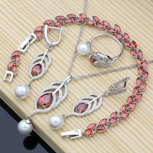 Bridal Pearls Jewelry Sets Natural Red Zircon 925 Silver Women Wedding Earrings Adjustable Ring Bracelets Necklace Set