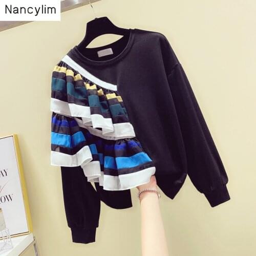 Crewneck Long Sleeve Hoodie Women 2019 Autumn Winter New Korean Jacquard Flounces Printed Stitching Loose Coat Girls Pullovers