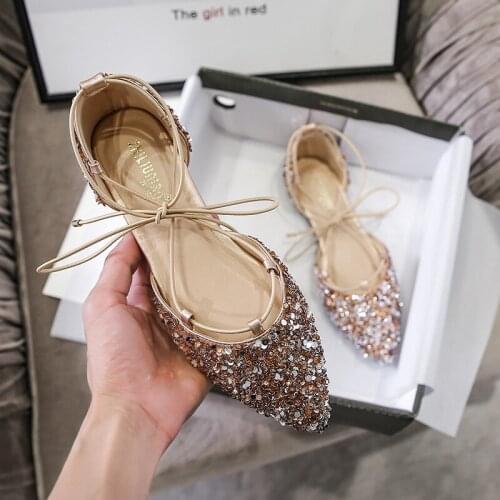 Women Luxury Rhinestone Ballet Flats Cross-Tied Lace Up Flat Shoes Woman Crystal D'orsay Wedding Shoes Glitter Mules Size 43
