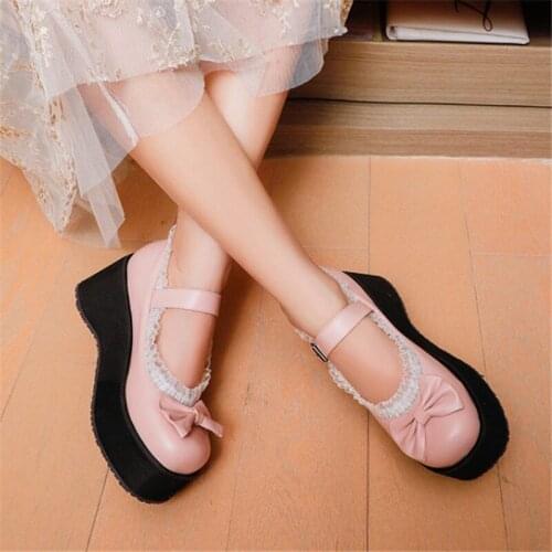 PXELENA Harajuku Women Wedge High Heels Platform Creepers Butterfly-knot Ruffles Thick Sole Lolita Cosplay Shoes Large Size 46