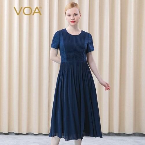 VOA Silk Jacquard Heavy 38 M/m Sea Blue Round Neck Short Sleeves Loose Waist Commuter Long Woman Dress for Women AE690