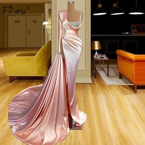 Hot Pink Mermaid One Shoulder Evening Dress with Long Sleeve High Slit Overskirt Dubai Prom Dresses for Women Wedding Party Gown