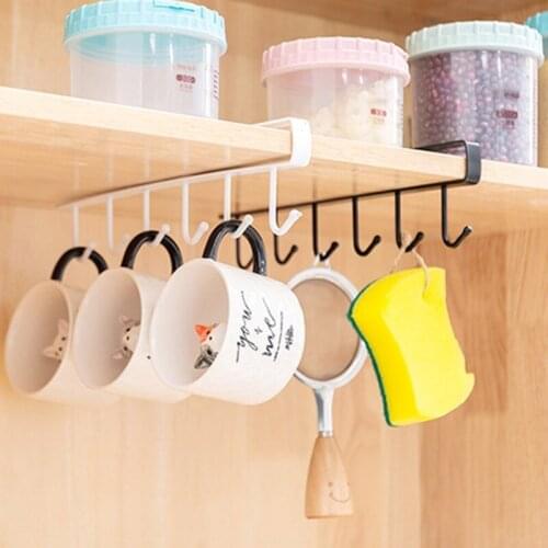 1PC 6 Hooks Cup Holder Iron Kitchen Storage Rack Cupboard Hanging Hook Shelf Cabinet Hanger Removed Bathroom Organizer Holder