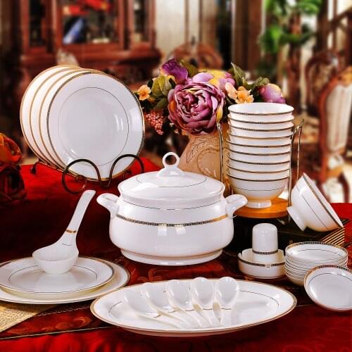 2021 Fashion 56 Pieces Relief Gold Bone China Tableware Pottery Dish Wedding Gifts Combination Utensils Kitchen Dinnerware Sets