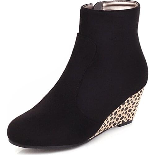 Round Toe Slope With Polka Dot Leopard Print Heel Nude Boots, Elastic Frosted Inner Increase Ankle Boots Rose Red Flock Shoes