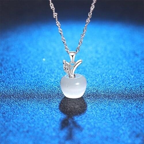 Apple Natural Stone Pendant Crystal Necklace Silver Plated Quartz Bead Necklaces Fashion Jewelry for Female Women Gift