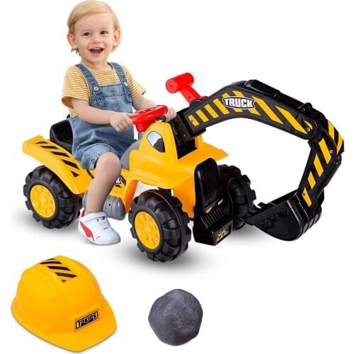 Kids Ride On Construction Excavator Outdoor Digger Scooper Tractor Toy with Safety Helmet Rocks Pretend Play Ride On Truck
