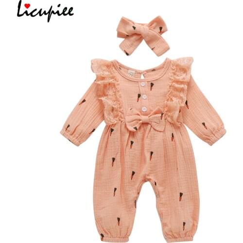 Baby Girls Long-sleeved Jumpsuit Fresh Cherry Cactus Carrot Printing One-piece Long Pants and Headband 0-24 Months