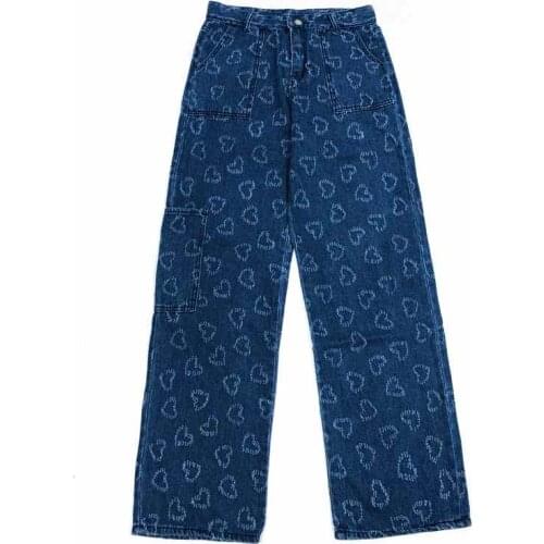 Harajuku Style Autumn and Winter Retro Washed Jeans Love Printing Straight Leg Pants Multi-Pocket Mopping Drape Denim Trousers