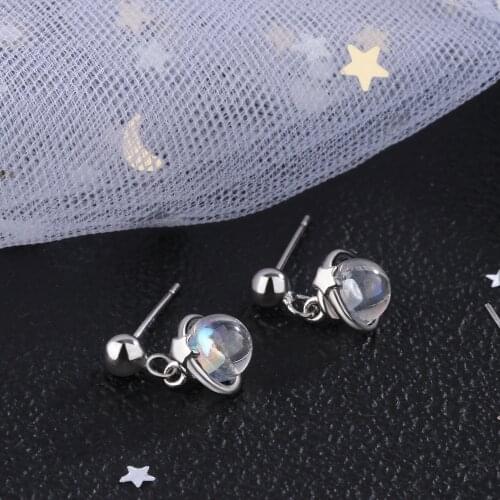 Fantastic Moonstone Universe Planet Stud Earrings With Silver Color Earrings For Women Girl Gifts