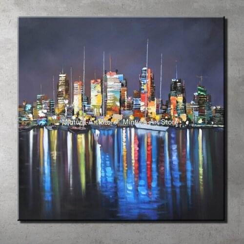 Unframed Abstract Landscape New York City Night View in River Oil Paintings On Canvas Modern Home Decor For Bedroom Living room